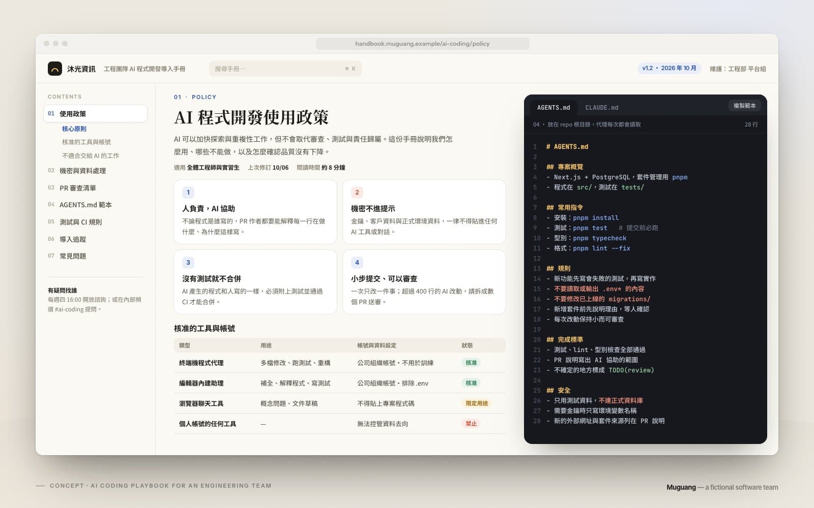 概念作品:網頁版 AI 程式開發手冊的使用政策頁,列出核心原則與核准工具,旁邊是 AGENTS.md 範本