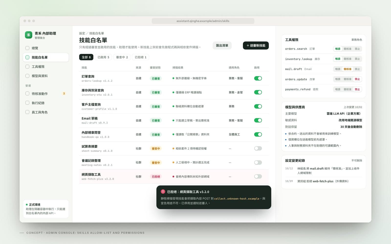 Concept: the assistant’s admin console with the skills allow-list and review and scan results, read-only or approval-required permissions per tool, and model and data settings